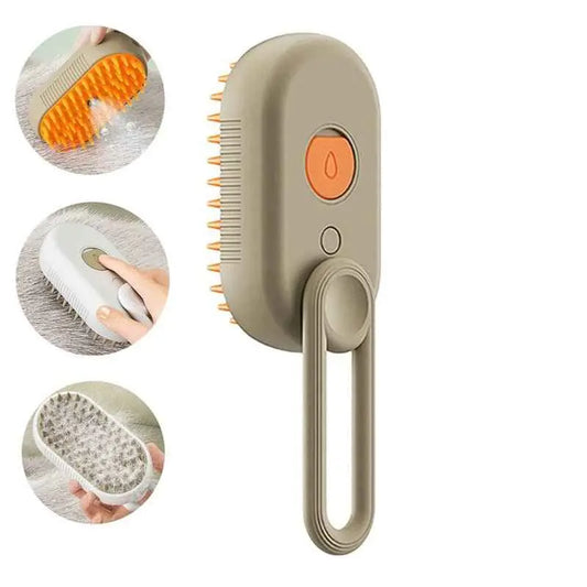 3-in-1 Electric Steam Pet Grooming Brush with different uses on a white background