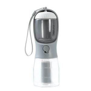 Portable pet water bottle with a gray and white design on a white background