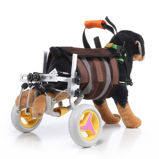 Dog in a wheelchair with a plush body on a white background