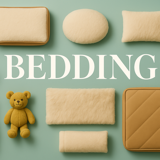 Dog beds, pillows, and blankets arranged on a sage green background, labeled BEDDING.