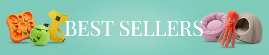 Flat lay of premium dog accessories including leather collar, leash, harness, rope toy, ceramic bowl, and grooming brush on a pastel background with 'Best Sellers' text in elegant font.