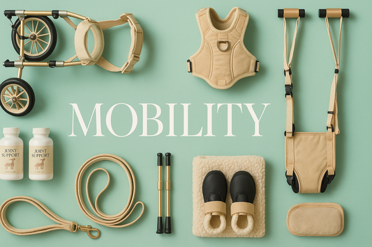 Dog wheelchair, harness, and mobility aids displayed neatly on a sage background, labeled MOBILITY.