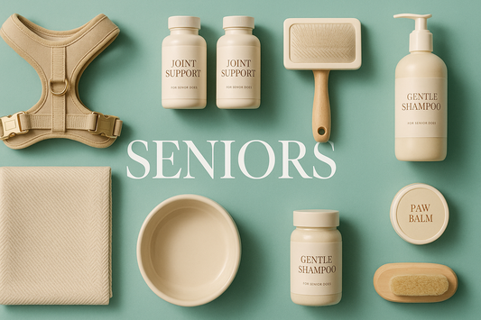 Senior dog products including soft bedding, feeding bowl, and care accessories on a green backdrop, labeled SENIORS.
