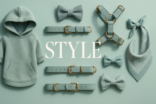 Dog apparel and accessories including hoodie, harness, and bows on a green background, labeled STYLE.