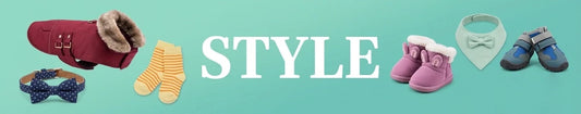 Dog apparel and accessories including hoodie, harness, and bows on a green background, labeled STYLE.