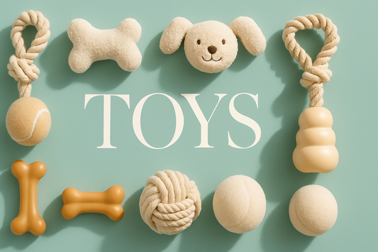 Dog toys such as ropes, balls, and plush bones arranged on a mint background, labeled TOYS.