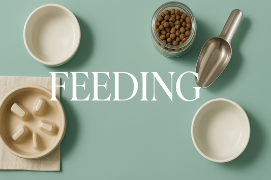 Dog feeding bowls, scoops, and mats arranged aesthetically on a green background, labeled FEEDING.
