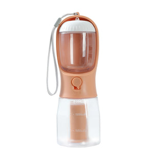 Portable pet water bottle with a white cap and peach-colored body on a white background