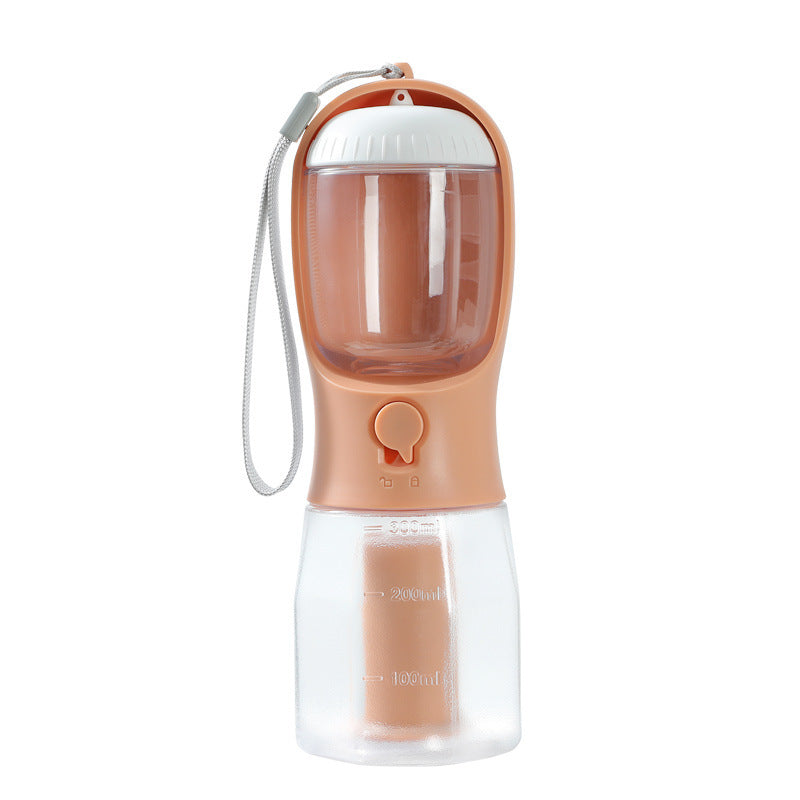 Portable pet water bottle with a white cap and peach-colored body on a white background