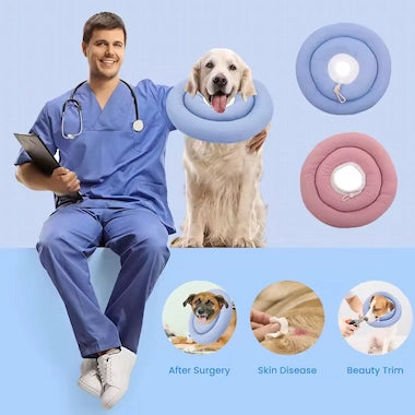 Dog with a Soft Recovery Cone Collar, veterinarian, and images of Soft Recovery Cone Collar uses on a blue background