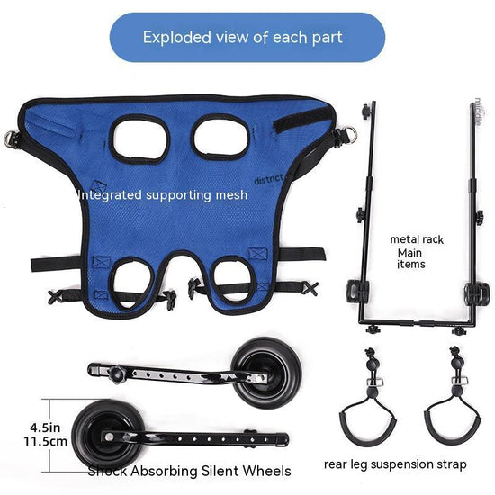 Exploded view of a blue dog stroller with labeled parts on a white background