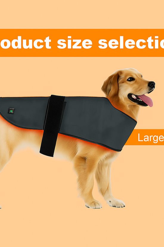 Golden retriever wearing a Infrared Therapy Vest for Large Dogs for dogs, large size, on an orange background with product size selection label