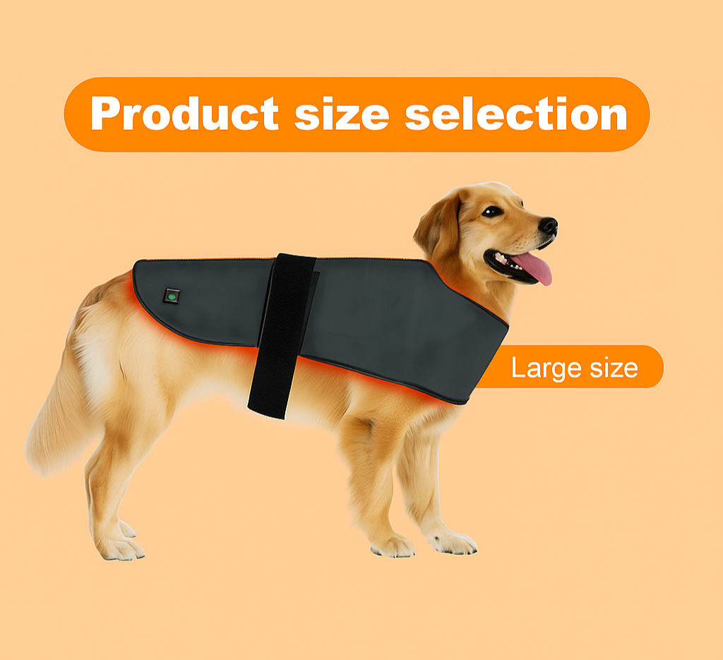 Golden retriever wearing a Wireless Infrared Therapy Vest Max for dogs, large size, on an orange background with product size selection label