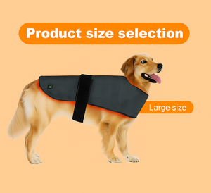 Golden retriever wearing a Wireless Infrared Therapy Vest Max for dogs, large size, on an orange background with product size selection label