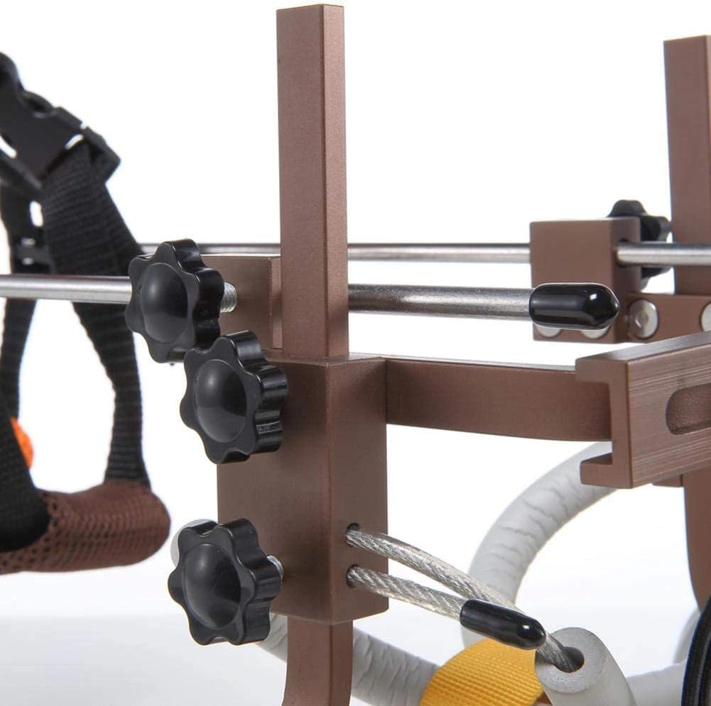 Freedom Walker wheelchair adjustment knobs close-up – Orange Vest & Brown Frame, showing black knobs and steel rods.