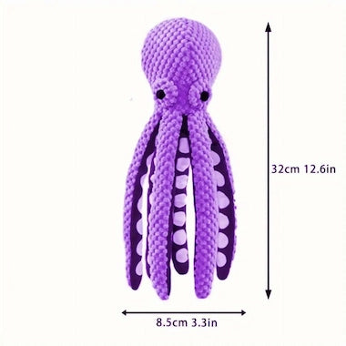 Purple Octopus Squeaky Plush Toy with measurements on a white background