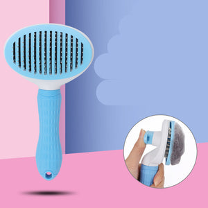 Blue pet grooming brush with close-up inset on a pink and blue background