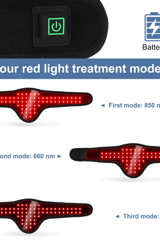 Toy breed dog wearing infrared therapy belt with power and battery icons, and four red light treatment modes displayed.