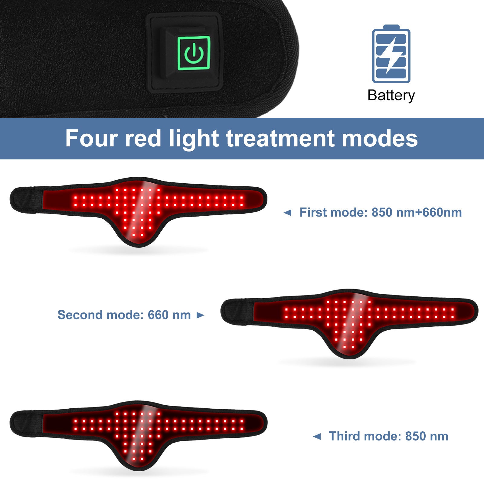 Red light therapy device with power and battery icons, and four red light treatment modes displayed.