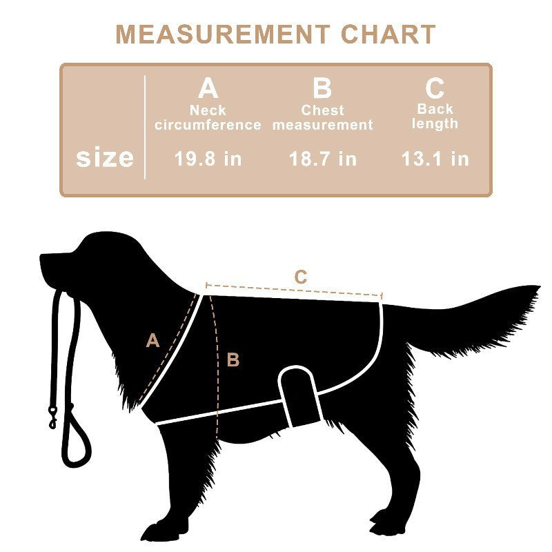 Measurement chart for dog coats with a silhouette of a dog and labeled measurements.