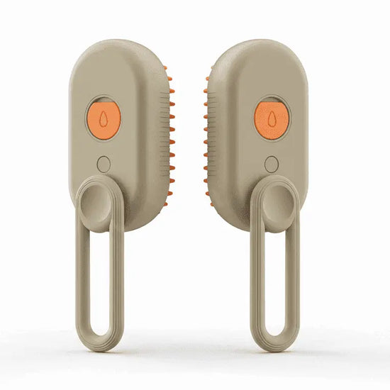 Two beige 3-in-1 Electric Steam Pet Grooming Brush on a white background