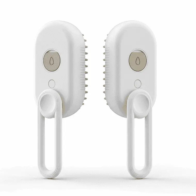 Two white 3-in-1 Electric Steam Pet Grooming Brush on a white background
