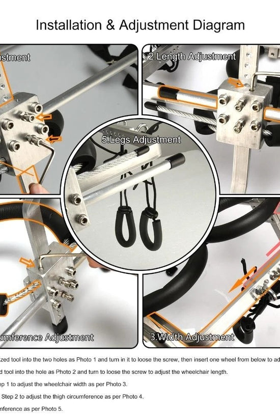 Diagram showing installation and adjustment steps for a wheelchair component.