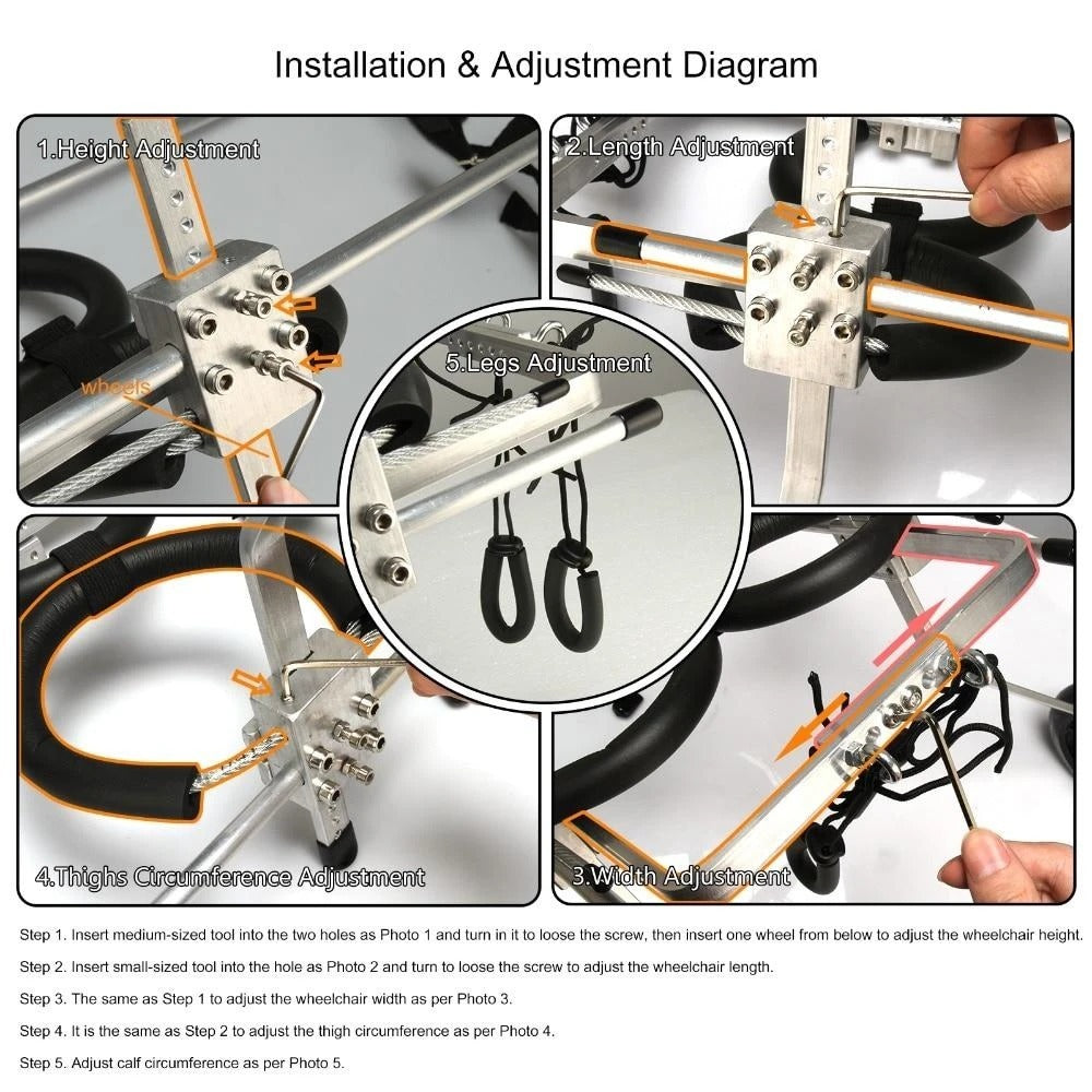 Diagram showing installation and adjustment steps for a wheelchair component.