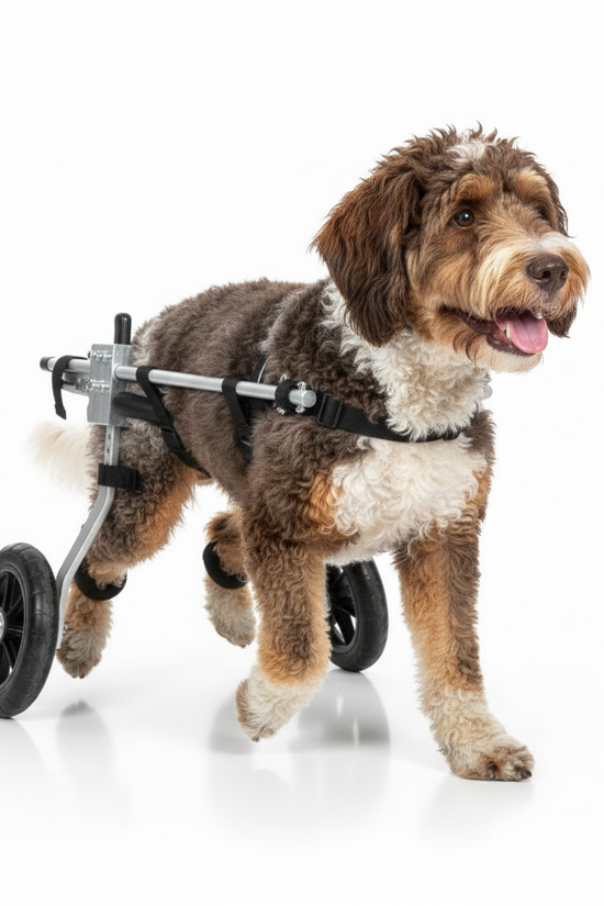 Spanish Water Dog 20kg using Canine Mobility Pro wheelchair front three-quarter view