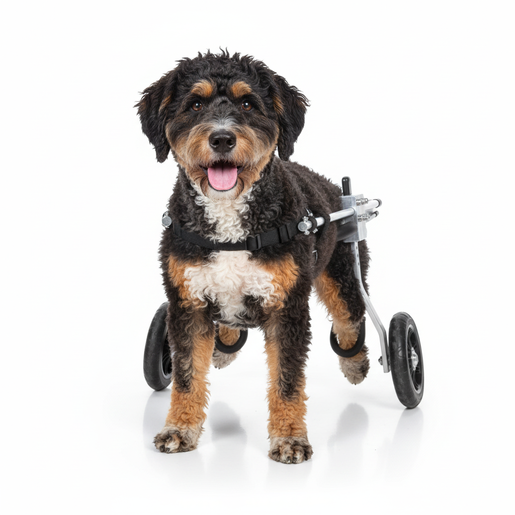 Portuguese Water Dog 23kg using Canine Mobility Pro wheelchair elevated front view