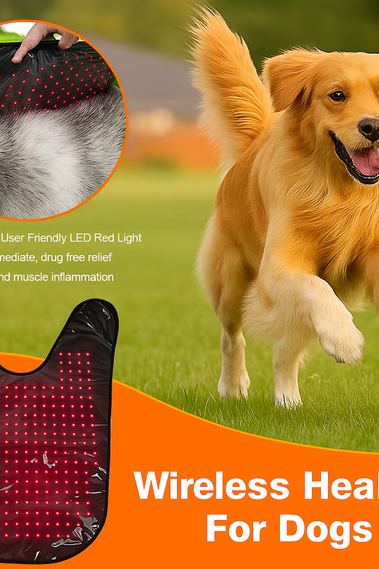 Dog running on grass with a Infrared Therapy Vest for Large Dogs and close-up inset.