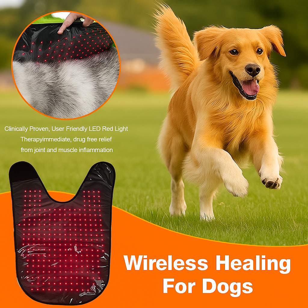 Dog running on grass with a Wireless Infrared Therapy Vest Max and close-up inset.