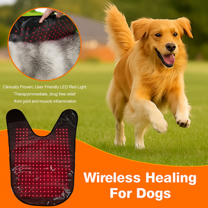 Dog running on grass with a Wireless Infrared Therapy Vest Max and close-up inset.