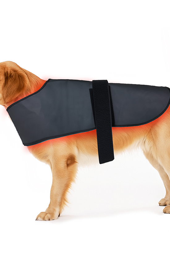 Dog wearing a Infrared Therapy Vest for Large Dogs with glowing red interior on a white background