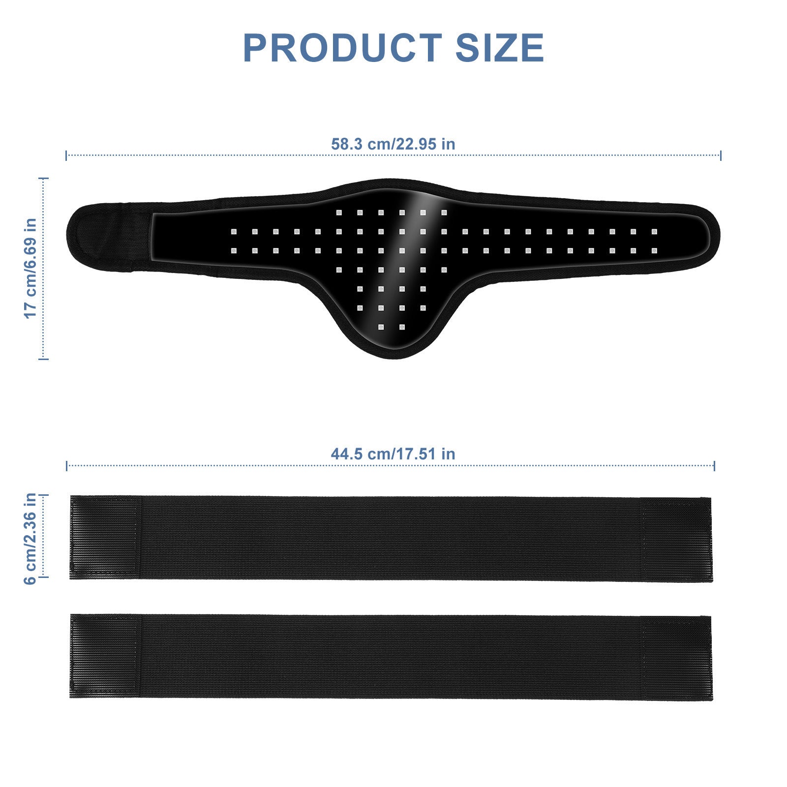 Black athletic belt with measurements on a white background