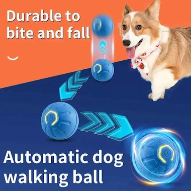 Smart Interactive Pet Ball with a dog on an orange and blue background