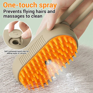 Pet grooming brush with orange bristles and a spray feature, used on a pet's fur.
