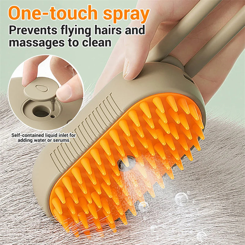 Pet grooming brush with orange bristles and a spray feature, used on a pet's fur.