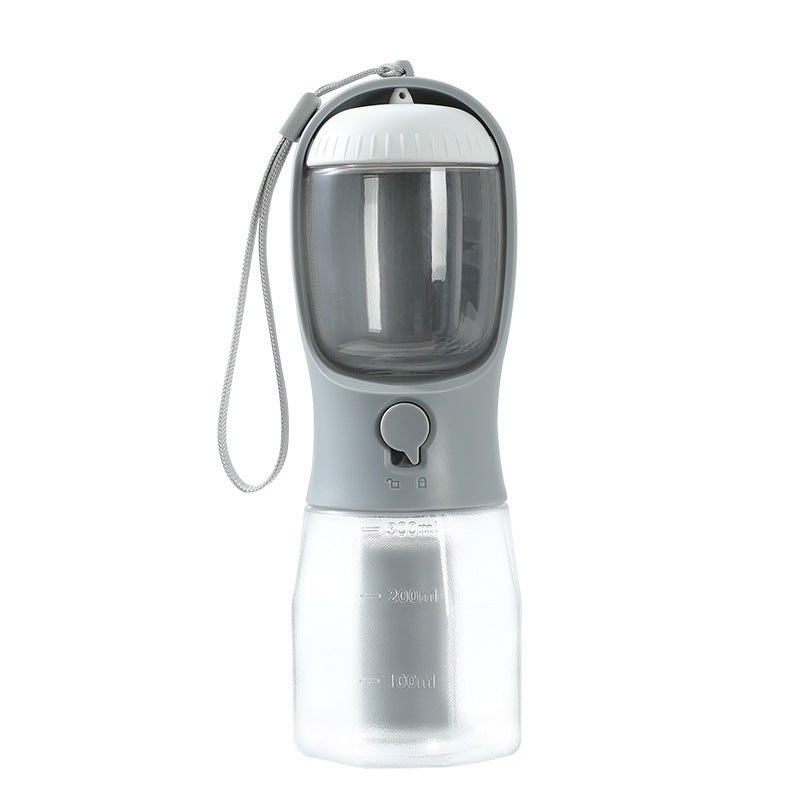 Portable pet water bottle with a gray and white design on a white background