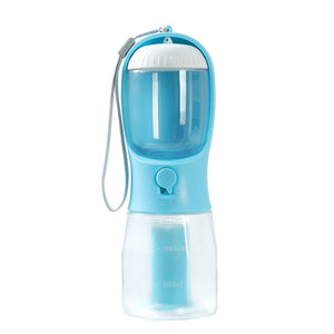 Blue and clear pet water bottle with a strap on a white background