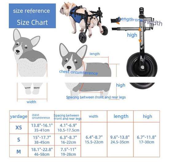 Size chart for dog wheelchairs with measurements and illustrations of dogs and wheels.