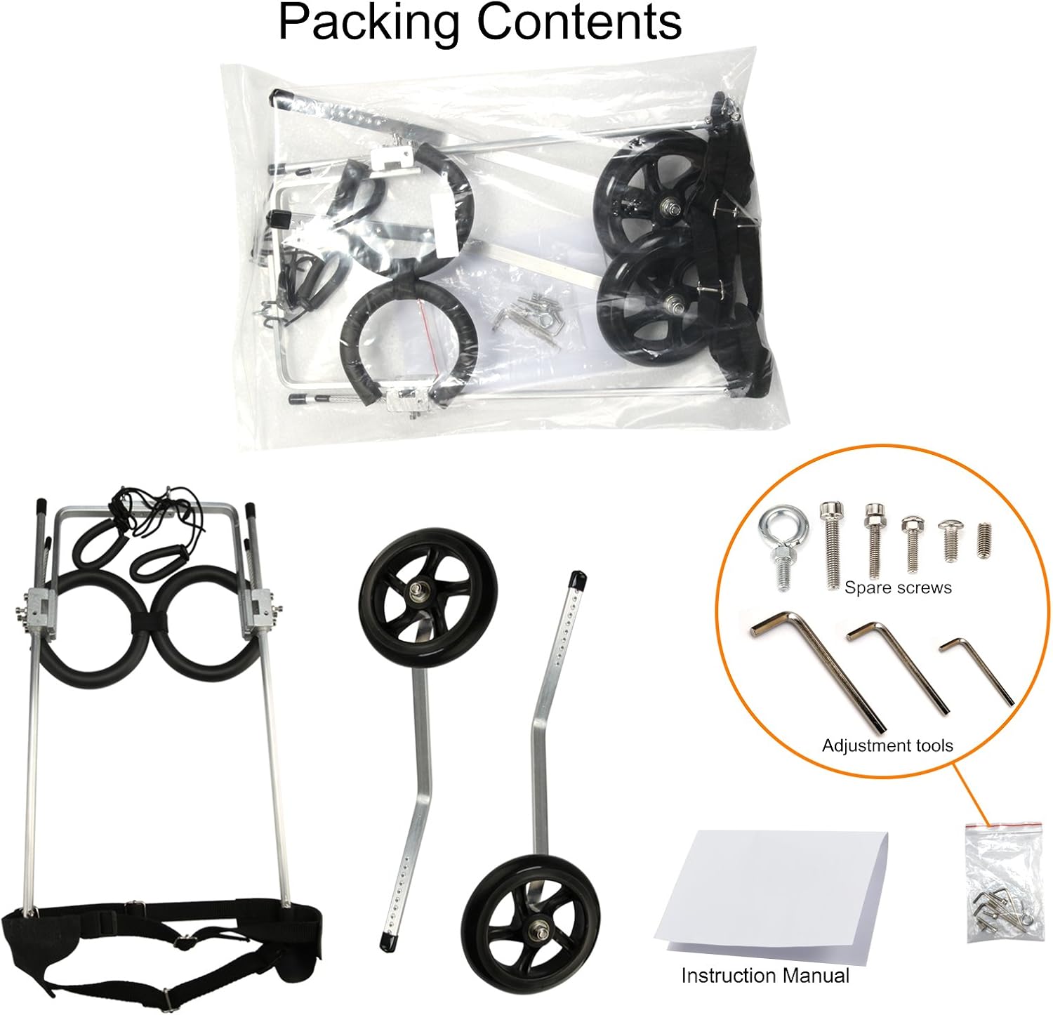 Canine Mobility Pro wheelchair package contents - frame, wheels, tools, and assembly manual