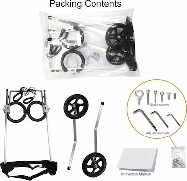 Canine Mobility Pro Wheelchair package contents - frame, wheels, tools, and assembly manual