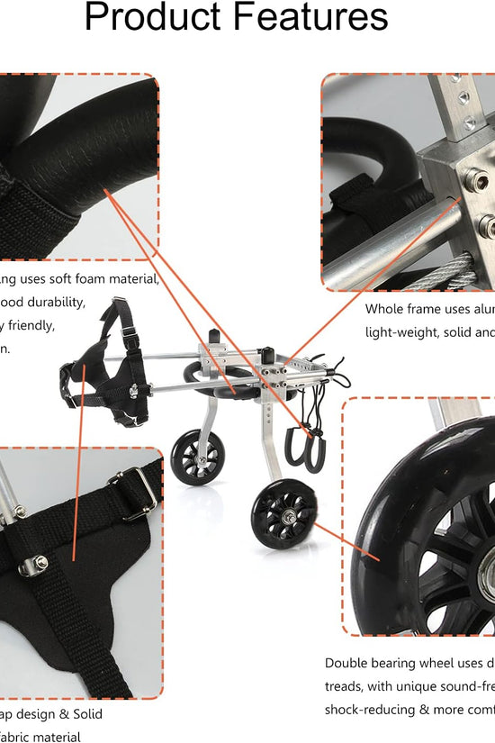 Canine Mobility Pro wheelchair features - adjustable leg guards, padded harness, and wheels