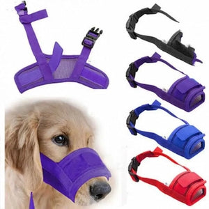 Breathable Dog Muzzle in purple with additional muzzles in black, blue, and red on a white background.