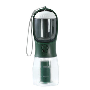 Green and clear pet water bottle with a strap on a white background