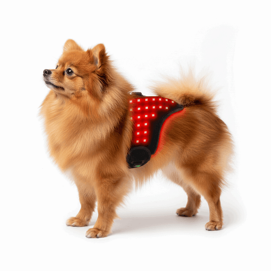Dog wearing an Infrared Therapy Belt for Toy Breeds (1-3kg) on white background