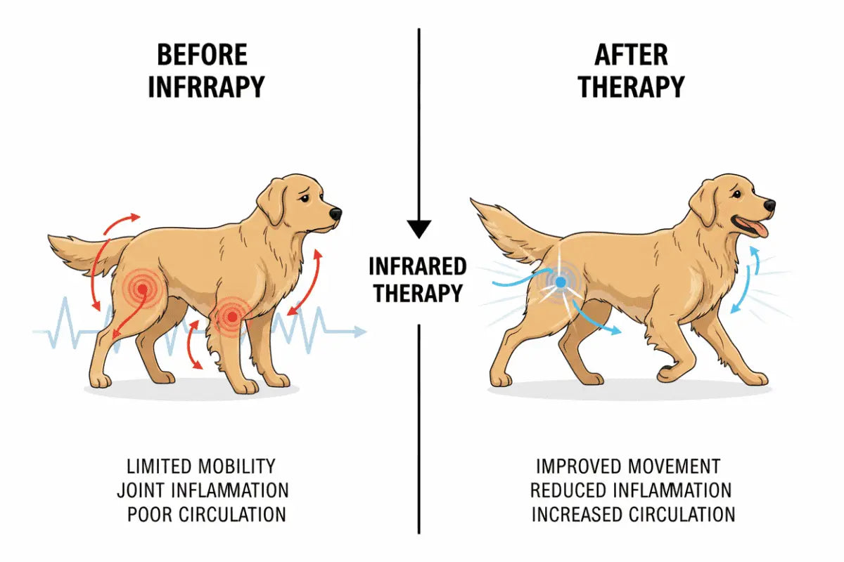 Before and after results - large dog mobility improvement with Infrared Therapy Vest - Large