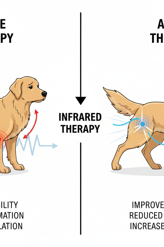 Before and after results - large dog mobility improvement with infrared therapy vest