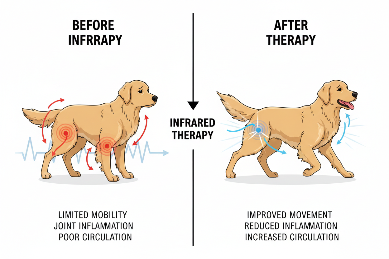 Before and after results - large dog mobility improvement with infrared therapy vest